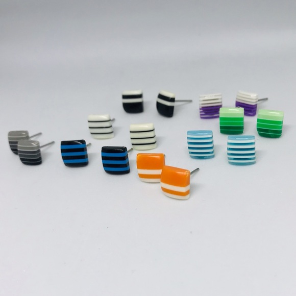 Green Striped Minimalist Repurposed Stud Earrings - Picture 11 of 16